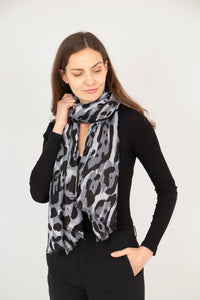 Leopard Print & Metallic Stripe Scarf - Grey & Black