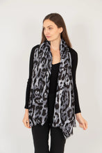 Load image into Gallery viewer, Leopard Print &amp; Metallic Stripe Scarf - Grey &amp; Black