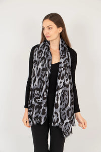 Leopard Print & Metallic Stripe Scarf - Grey & Black