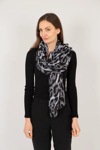 Leopard Print & Metallic Stripe Scarf - Grey & Black