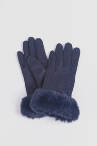 Zara Velvet Style Faux Fur Trim Gloves - Navy Blue