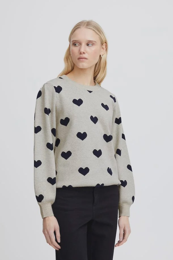 ICHI Brielle Heart Jumper - Oatmeal & Total Eclipse